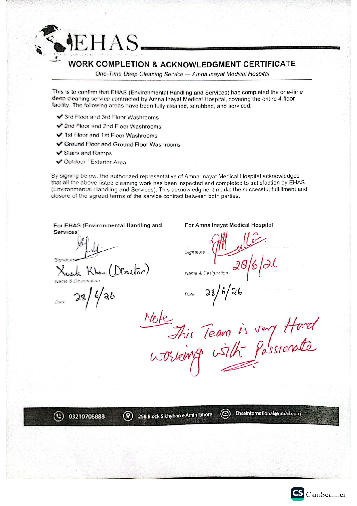 Client appreciation and work completion acknowledgment from Amna Inayat Medical Hospital